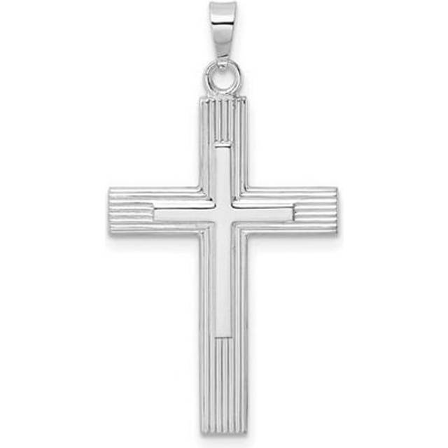 14K White Gold Polished Solid Striped Double Cross Pendant