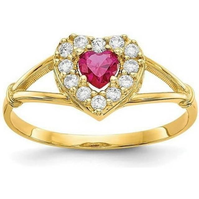 10K Yellow Gold Red & White CZ Heart Ring - Size 8