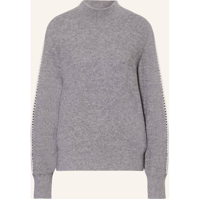 Cashmere blend rib knit sweater with crochet details on sleeves