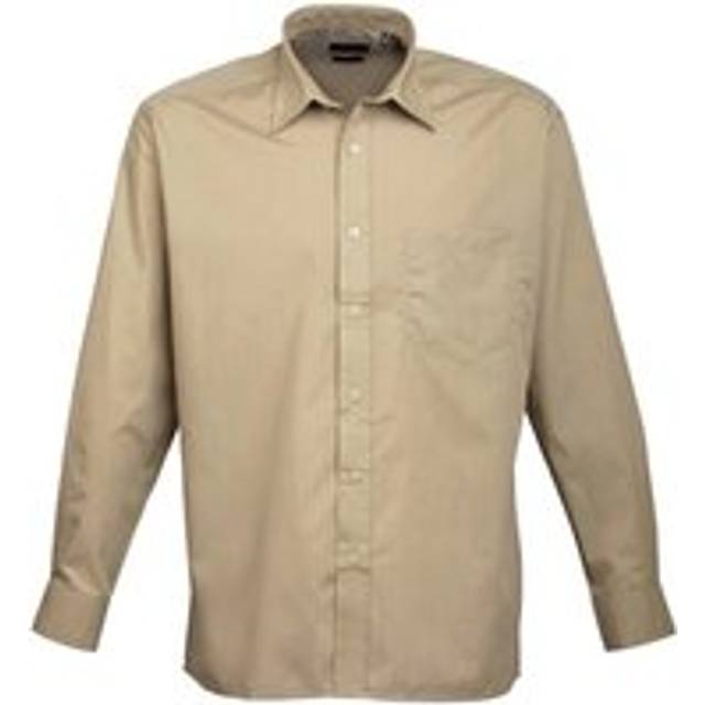 (19, Khaki) Premier Mens Long Sleeve Formal Plain Work Poplin Shirt