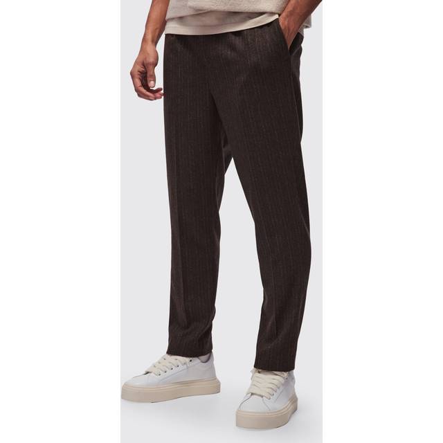 Tapered Fit Pinstripe Wool-Look Tailored Trousers - Brown - XS