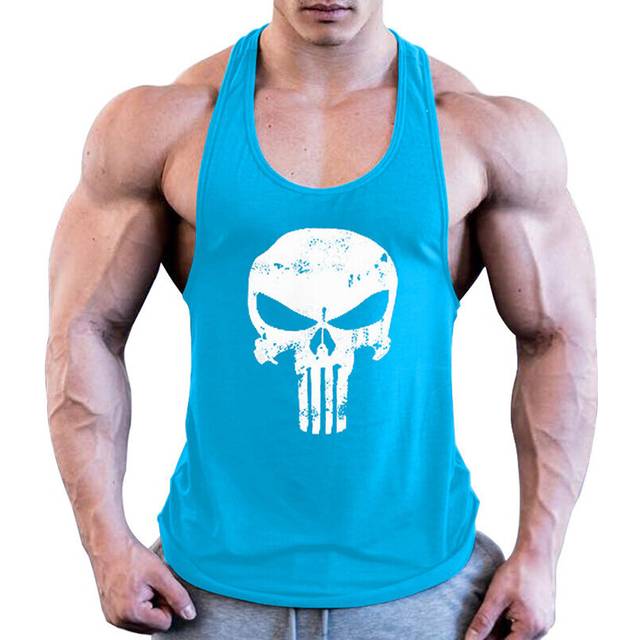 (Wathet, S) Men's Skull Printed Fitness Bodybuilding Tank Top Vest Sleeveless Shirt T-Shirt
