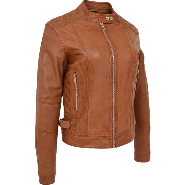 (Tan, 20) Womens Soft Tan Leather Biker Jacket Designer Stylish Fitted Quilted Celeste