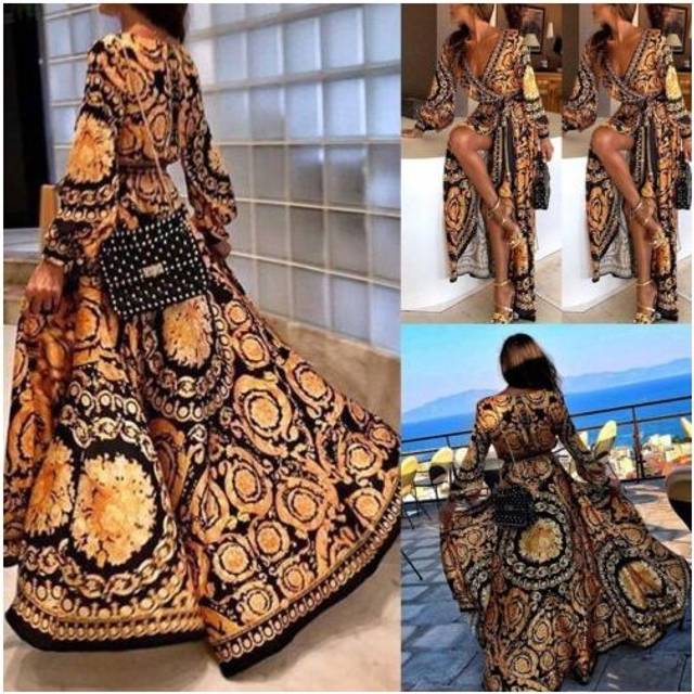 (S) Boho Floral Long Sleeve Long Dress Party Beach Beach Dress Evening Dress