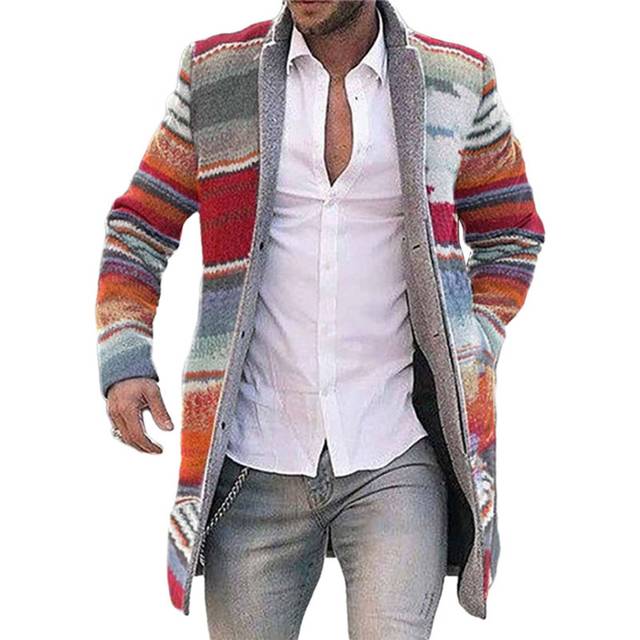(Red, 2XL) Men's Striped Printed Long Sleeve Coat Outwear Peacoat Overcoat Jacket Cardigan