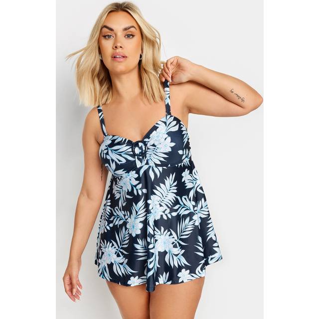 Yours Curve Blue Floral Print Tummy Control Swim Dress - 14