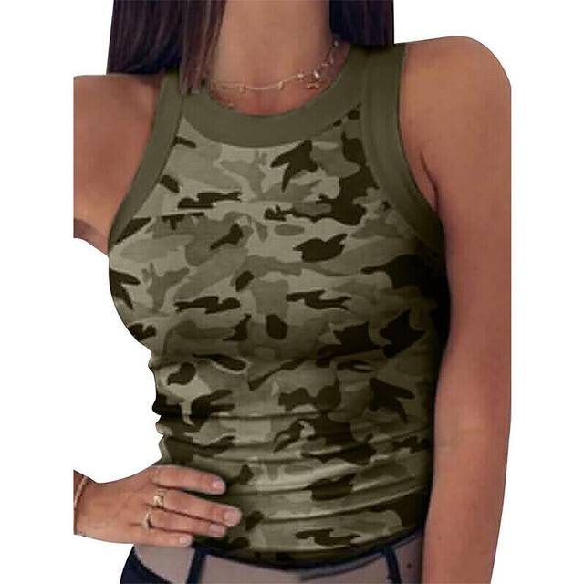 (Green, 2XL) Womens Sleeveless Camouflage Vest Tops Ladies Sexy Skinny Camo Crop Tank T Shirt