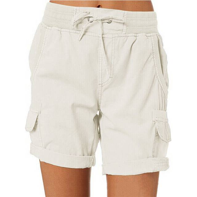 (White, M) Womens High Waist Cargo Shorts Ladies Casual Loose Cotton Linen Solid Hot Pants