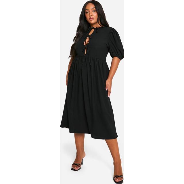 Womens Plus Crinkle Tie Front Puff Sleeve Midi Smock Dress - Black - 28