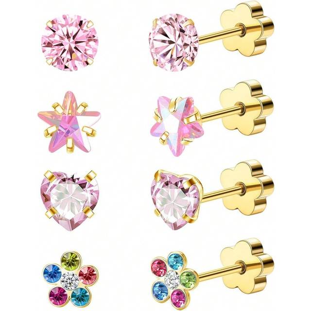 SHEIN 4 Pairs Hypoallergenic Flat Back Earring Set - 14K Gold Plated Cartilage Earrings For Sensitive Skin, Stud Earrings With Star, Moonstone, Opal, Screw