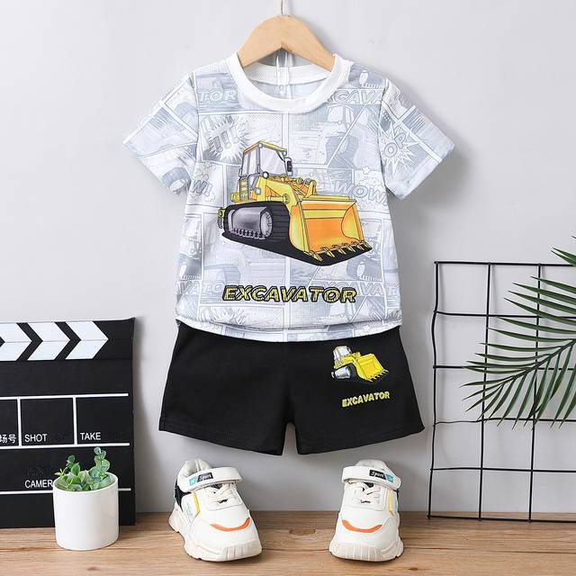 SHEIN Young Boy Black & White Cartoon Letter Print Casual Streetwear Two-piece Short Sleeve Set For Summer