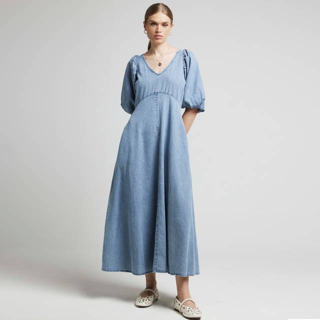 River Island Womens Blue Denim Puff Sleeve Smock Midi Dress - 12