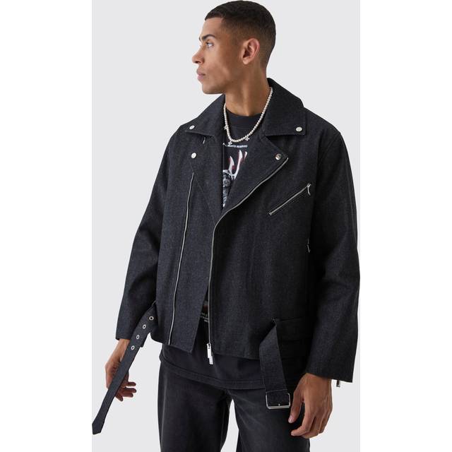 Oversized Denim Biker Jacket - Black - L