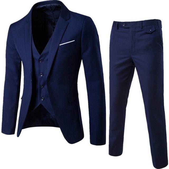 (XX-Large, dark blue) Men Suits 3 Pieces Regular Slim Fit Wedding Formal Suit One Button Icluding Jackets Waistcoat Trousers