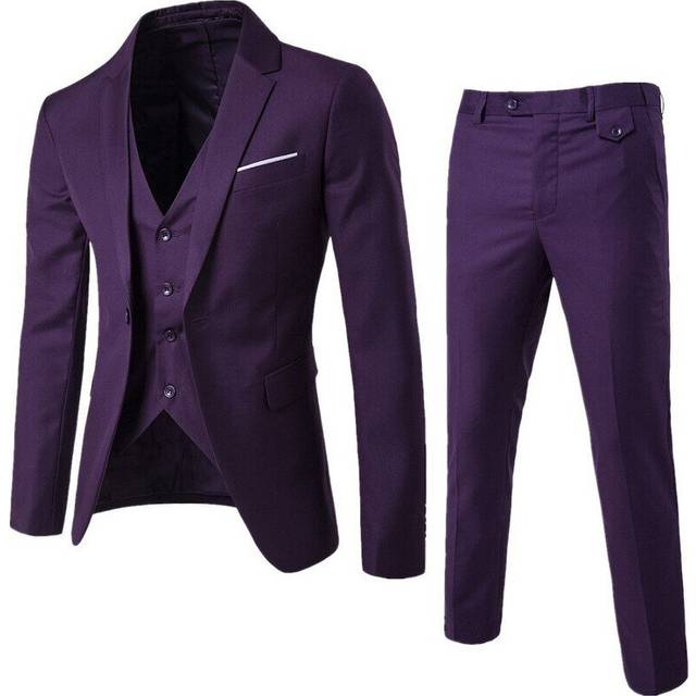 (3X-Large, purple) Men Suits 3 Pieces Regular Slim Fit Wedding Formal Suit One Button Icluding Jackets Waistcoat Trousers