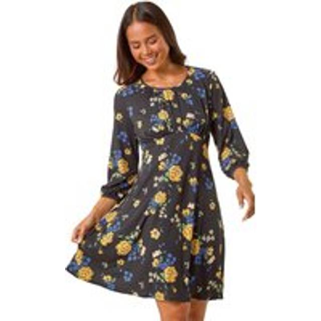 Petite Floral Print Gathered Waist Dress - Black - Size 16 - Roman