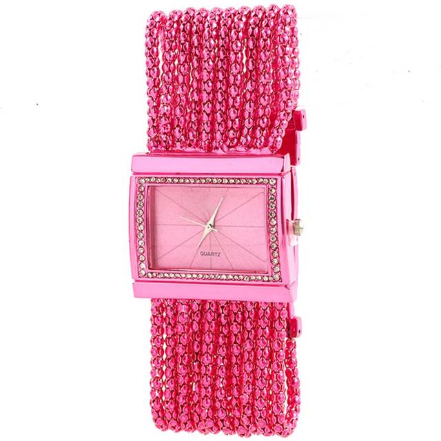 (Rose Red) 2015 Latest New Fashion Quartz Women's Silver Tone Band Rhinestone Bangle