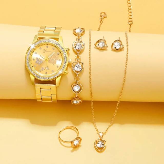 6PCS Set Gold Luxury Watch Women Ring Necklace Earring Rhinestone Fashion