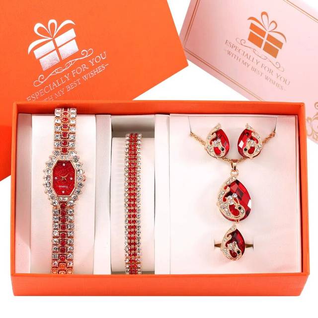 (Watch Gift Set 06) Women Watches Luxury Diamond Necklace Earrings Set Gift for Girlfriend