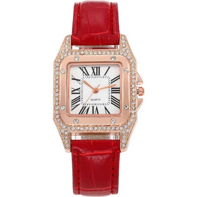 (RD) Ladies Leather Band Quartz Wristwatch Women Diamond Watch Starry Square