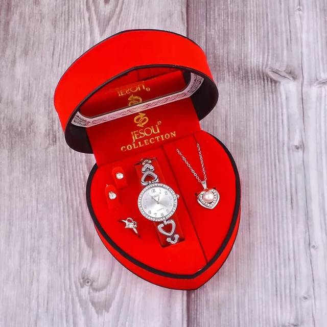 (Slivery set) Women Watch Set Gold Crystal Design Necklace Earrings ring Female Jewelry