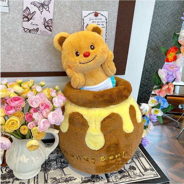 (With Pot, 40cm/15.75in) Pot Butterbear Honey Plush Toy Apron Doll Stuffed Animal Cartoon Pp Cotton Gift