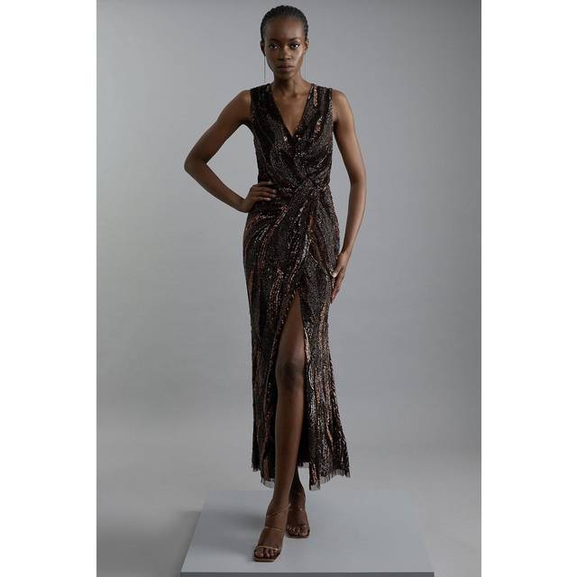 Petite Embellished Plunge Beaded Woven Maxi Dress - Brown