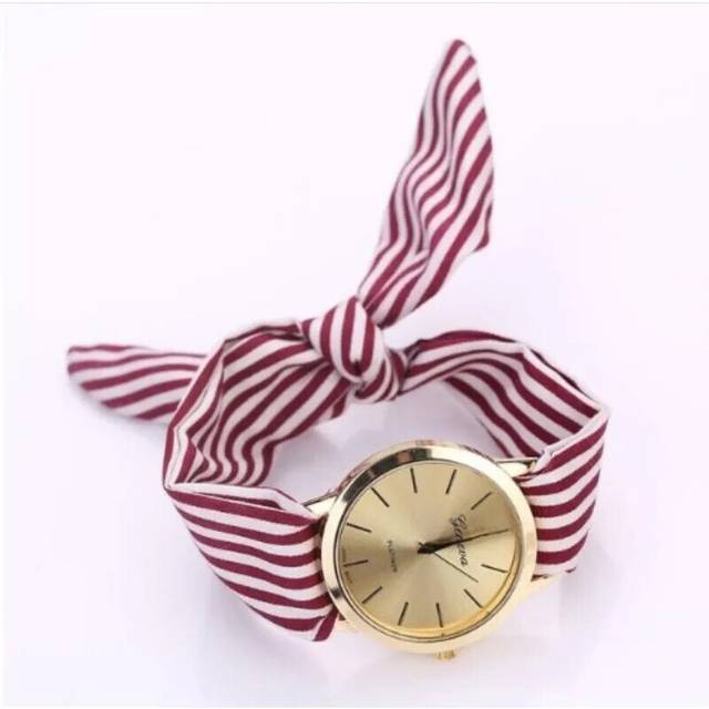 (Red) Stripe Floral Cloth Quartz Dial Watch Products Women Wristwatch