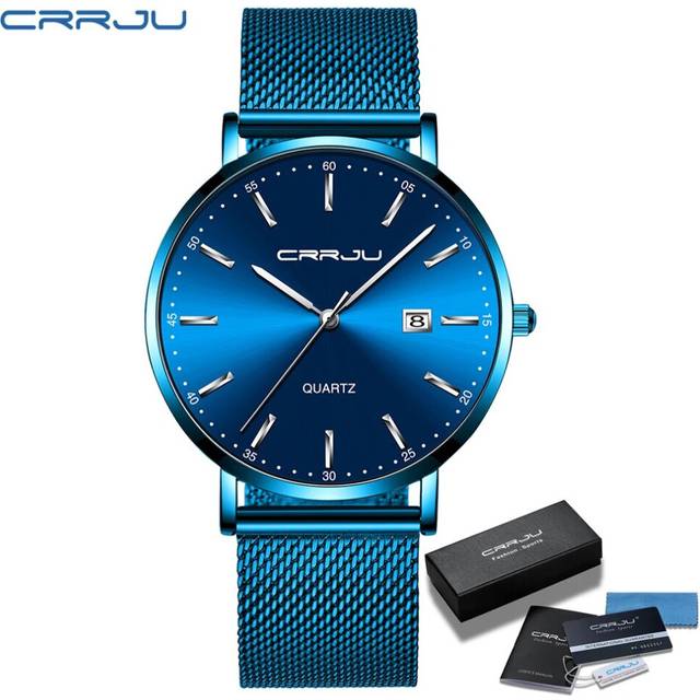 (blue silver BOX) CRRJU Luxury Fashion Woman Watch Women Casual Waterproof Quartz Ladies - Silver