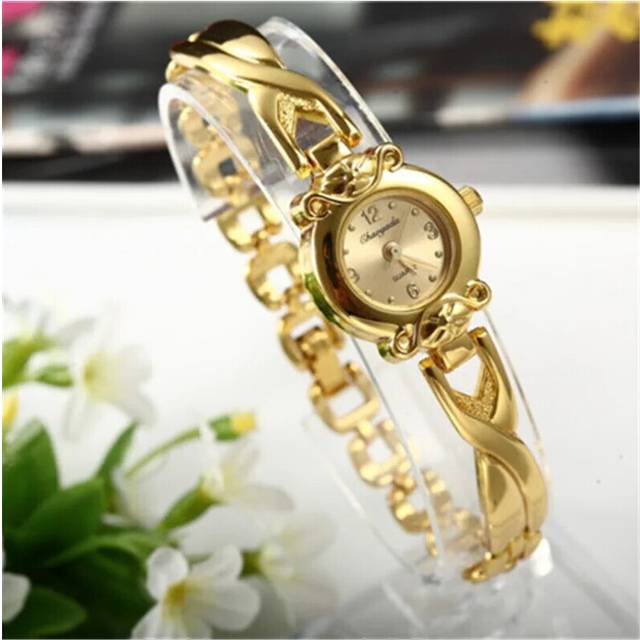 (Brown) Wholesale Smalll Dial Gold Stainless Steel Link Watch Female Wristwatch