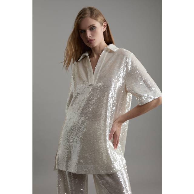 Sequin Collard Woven Tunic - Silver