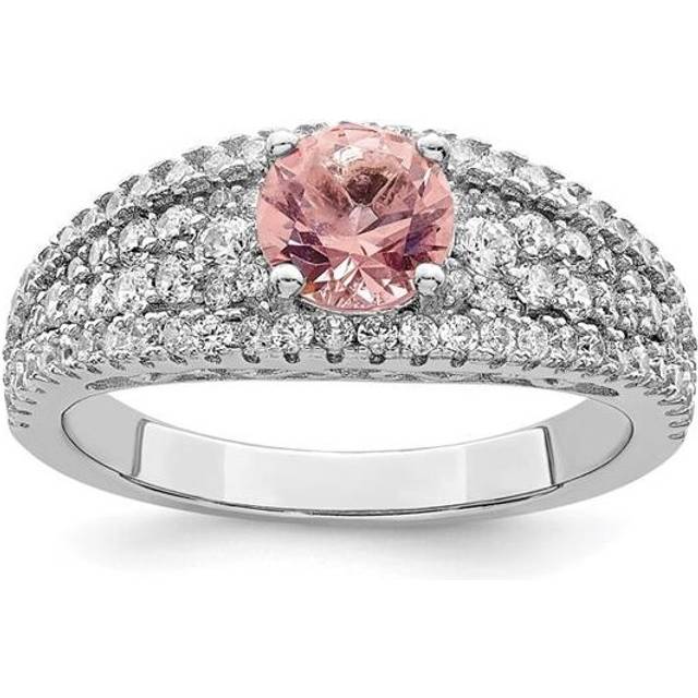 Sterling Silver Rhodium-Plated CZ & Pink Glass Fancy Ring - Size 8