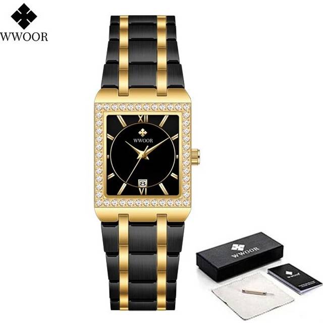 (Gold black Gold) WWOOR New Gold Watch 8858 Women Watchs Steel Top Luxury Brand Ladies Watches