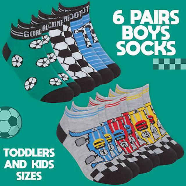 (Football & Racing - 6 Pairs, 9-12) 6 Pairs Boys Cotton Socks Trainer Liner Socks Football Racing Car Sizes 6-8.5 Up To 12.5-3.5