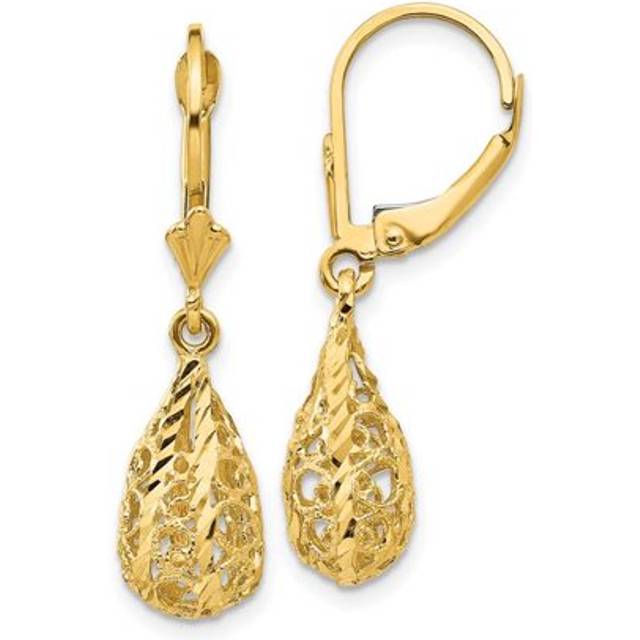 14K Yellow Gold Polished Diamond-Cut Filigree Dangle Leverback Earrings