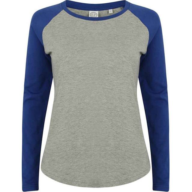 (8 UK, Heather Grey/Royal Blue) SF Womens/Ladies Heather Long-Sleeved Baseball T-Shirt