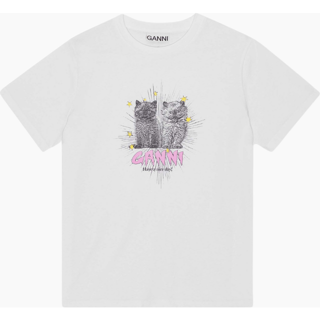 Ganni Ganni | Basic Jersey Kittens Relaxed T-shirt | White tee | NAKED Copenhagen White L - Bright White (L)