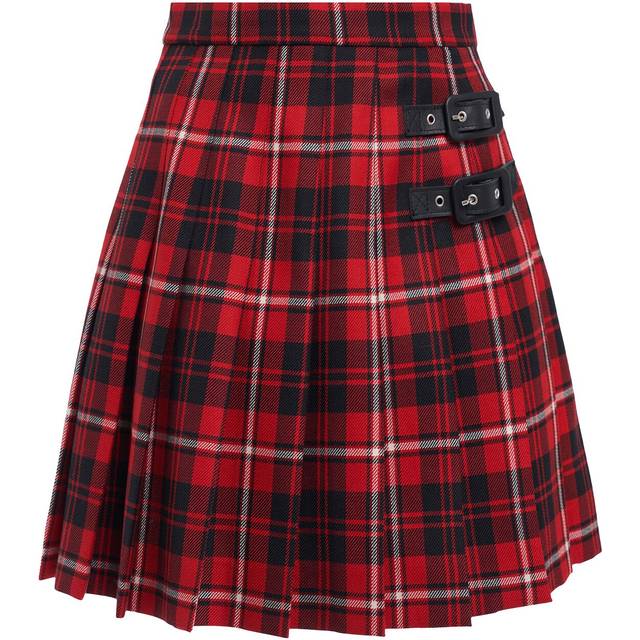 Pleated Wool Tartan Mini Skirt W/buckles