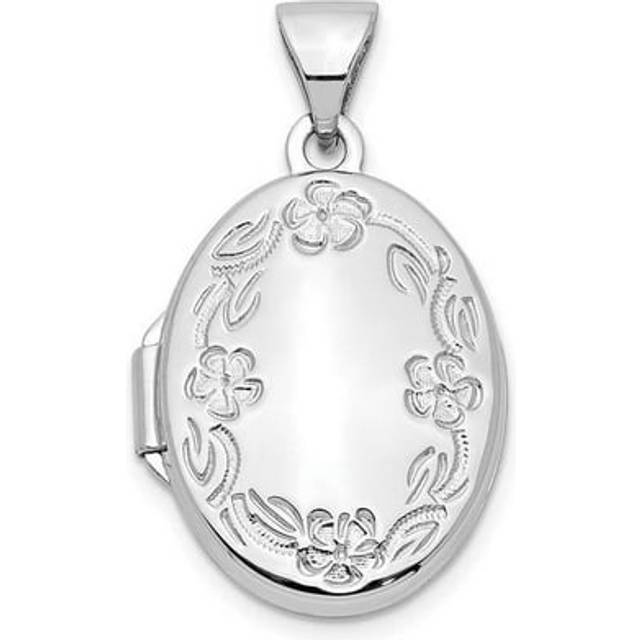 14K White Gold 17 mm Oval Leaf Floral Hand Engraved Locket Pendant