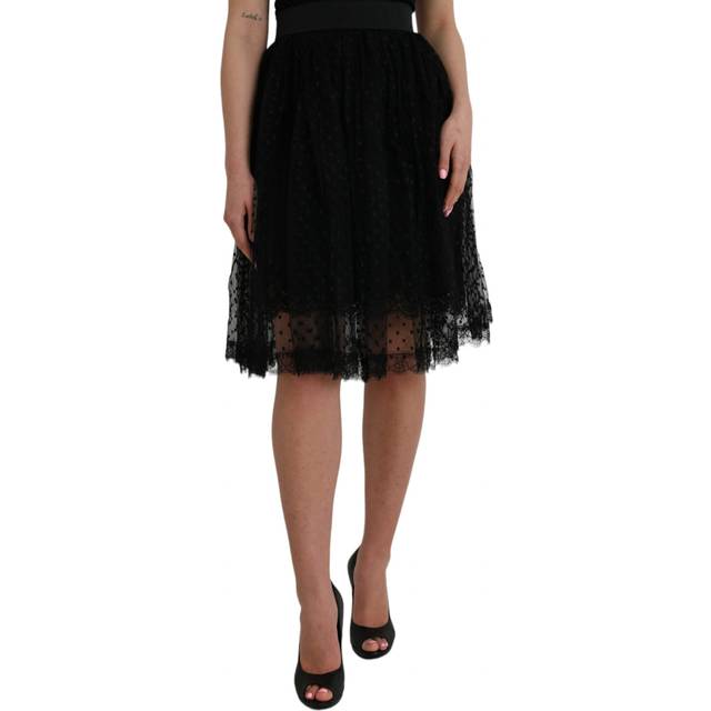 Black Nylon Lace Trim High Waist A-line Skirt - IT46|XL