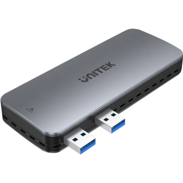 Unitek S1224A SolidForce PCIe/NVMe M.2 SSD 10 Gbps chassi för PS5/Dual USB-A/aluminium värmeväxlare/silikon värmeledningsdynor/gummihållare/15 cm USB-A-kabel