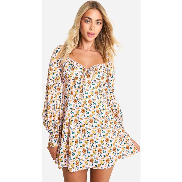Womens Floral Crochet Trim Puff Sleeve Milkmaid Skater Dress - Pink - 10, Pink