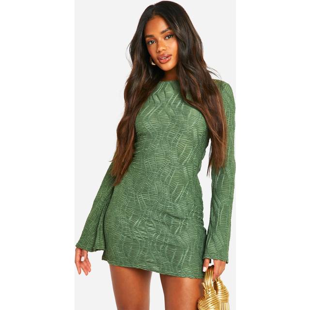 Womens Textured Flare Sleeve Mini Dress - Green - 12, Green