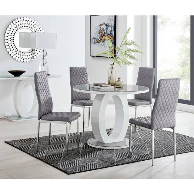 Furniturebox Lucia Valera 4 Seater Round Dining Set Grey Gloss and Chrome
