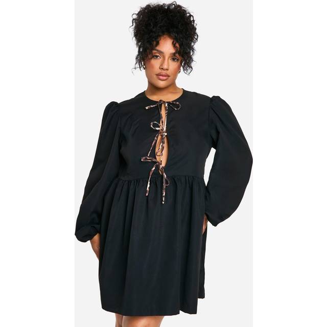 Womens Plus Contrast Leopard Tie Front Long Sleeve Smock Dress - Black - 22