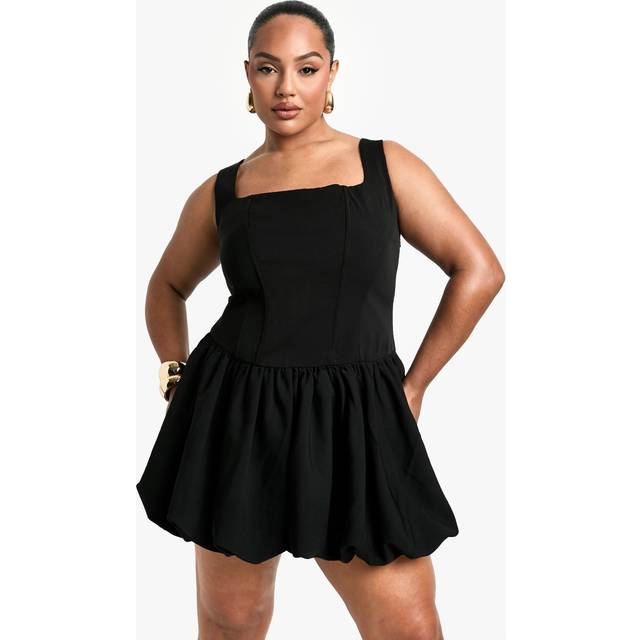 Womens Plus Square Neck Pleated Skater Dress - Black - 18, Black