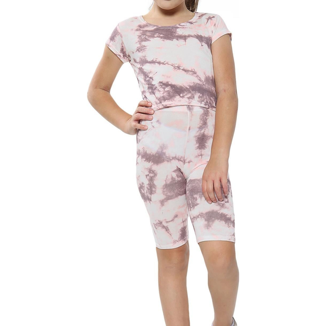 (9-10 Years, Stone) Girls Tie Dye Stone Crop Top & Cycling Shorts Set