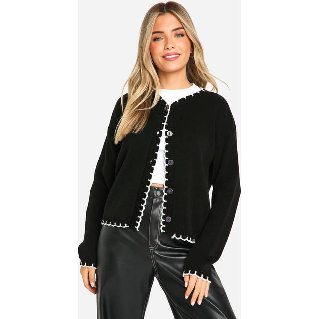 Womens Blanket Stitch Knitted Crop Cardigan - Black/Ecru - XS