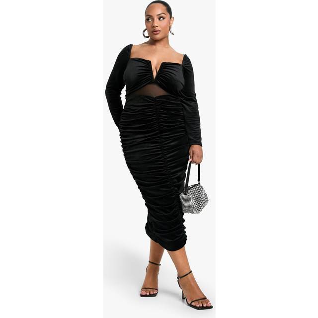 Womens Plus Velvet Sheer Detailed Long Sleeve Midi Dress - Black - 26, Black