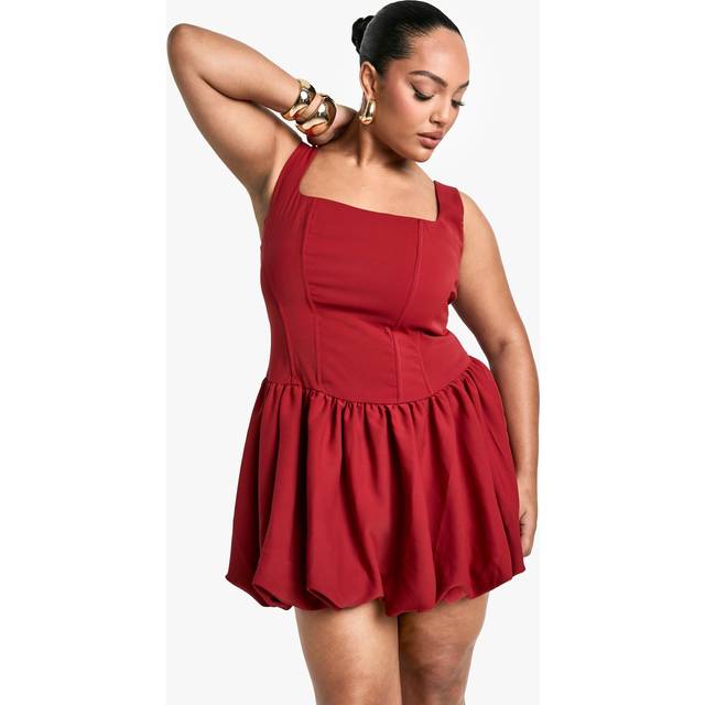 Womens Plus Square Neck Pleated Skater Dress - Red - 16, Red